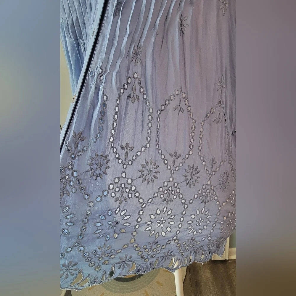 Johnny Was Huma Pintuck Blouse Women's S Blue Eyelet Cotton & Silk Semi Sheer